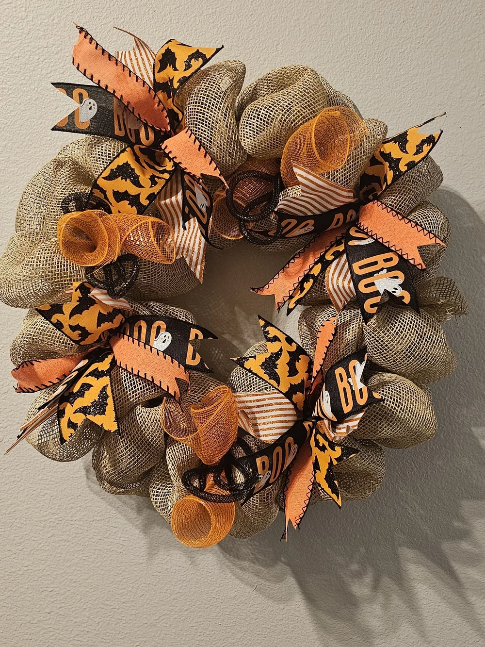 Halloween Burlap Wreath with Orange and Black Ribbon Accents